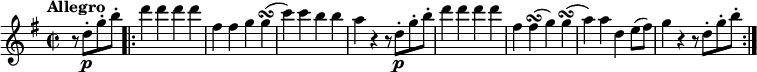 
\relative c'' {
    \version "2.18.2"
    \key g \major
    \tempo "Allegro"
    \time 2/2
    \tempo 4 = 190
   \partial 2 r8 d-.\p g-. b-. \bar ".|:"
   d4 d d d
   fis, fis g g \turn
   (c) c b b
   a r  r8 d,-.\p g-. b-.
   d4 d d d
   fis, fis \turn (g) g \turn
   (a) a d, e8 (fis)
   g4 r4 r8 d-. g-. b-.  \bar ":|."
}
