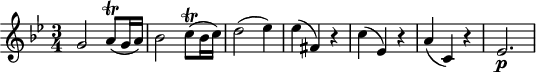 
\header {
  tagline = ##f
}

\score {
  \new Staff \with {

  }
<<
  \relative c'' {
    \key bes \major
    \time 3/4
    \override TupletBracket #'bracket-visibility = ##f 
    %\autoBeamOff

     %%%%%%%%%%%%%%%%%%%%%%%%%% K312/590d
     g2 a8\trill( g16 a) bes2 c8\trill( bes16 c) d2( ees4) ees( fis,) r4 c'( ees,) r4 a( c,) r4 ees2.\p

  }
>>
  \layout {
    \context {
      \remove "Metronome_mark_engraver"
    }
  }
  \midi {}
}
