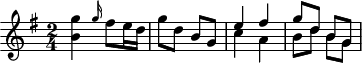 
\header {
  tagline = ##f
}

\score {
  \new Staff \with {

  }
<<
  \relative c'' {
    \key g \major
    \time 2/4
    \override TupletBracket #'bracket-visibility = ##f 
    %\autoBeamOff

     %%%%%%%%%%%%%%%%%%%%%%%%%% K15e
     < g' b, >4 \grace g16 fis8 e16 d g8 d b g 
     << { e'4 fis g8 d b g } \\ { c4 a b8 d b g } >>

  }
>>
  \layout {
    \context {
      \remove "Metronome_mark_engraver"
    }
  }
  \midi {}
}
