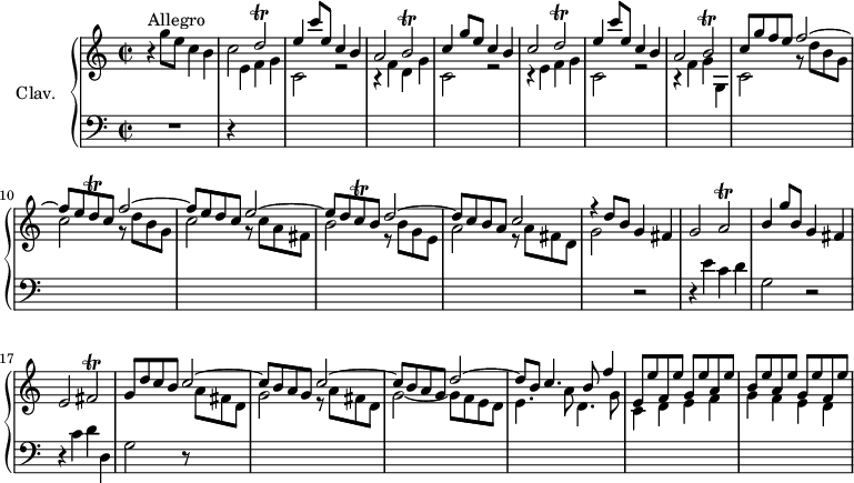 
\version "2.18.2"
\header {
  tagline = ##f
  % composer = "Domenico Scarlatti"
  % opus = "K. 117"
  % meter = "Allegro"
}

%% les petites notes
trillDb     = { \tag #'print { d2\trill } \tag #'midi { e32 d e d~ d8~ d4 } }
trillBb     = { \tag #'print { b2\trill } \tag #'midi { c32 b c b~ b8~ b4 } }
trillDq     = { \tag #'print { d8\trill } \tag #'midi { e32 d e d } }
trillAb     = { \tag #'print { a2\trill } \tag #'midi { b32 a b a~ a8~ a4 } }
trillCq     = { \tag #'print { c8\trill } \tag #'midi { d32 c d c } }
trillFisb   = { \tag #'print { fis2\trill } \tag #'midi { g32 fis g fis~ fis8~ fis4 } }

upper = \relative c'' {
  \clef treble 
  \key c \major
  \time 2/2
  \tempo 2 = 80
  \set Staff.midiInstrument = #"harpsichord"
  \override TupletBracket.bracket-visibility = ##f

      s8*0^\markup{Allegro}
      r4 g'8 e c4 b | c2 \stemUp \trillDb | e4 c'8 e, c4 b a2 \trillBb | 
      % ms. 5 … 9
      c4 g'8 e c4 b | c2 \stemUp \trillDb | e4 c'8 e, c4 b a2 \trillBb | c8 g' f e f2^~ |
      % ms. 10
      f8 e \trillDq c8 f2^~ | f8 e d c e2^~ | e8 d \trillCq b8 d2^~ | d8 c b a c2 |
      % ms. 14
      r4 d8 b g4 fis | g2 \trillAb | b4 g'8 b, g4 fis | e2 \trillFisb | g8 d' c b c2^~ | 
      % ms. 19
      c8 b a g c2^~ | c8 b a g d'2^~ | d8 b c4. b8 f'4 | e,8 e' f, e' g, e' a, e' |
      % ms. 23
      b8 e a, e' g, e' f, e' |

}

lower = \relative c' {
  \clef bass
  \key c \major
  \time 2/2
  \set Staff.midiInstrument = #"harpsichord"
  \override TupletBracket.bracket-visibility = ##f

    % ************************************** \appoggiatura a16  \repeat unfold 2 {  } \times 2/3 { }   \omit TupletNumber 
      R1 | r4 \stemDown \change Staff = "upper" e4 f g | c,2 r2 | r4 f4 d g |
      % ms. 5
      c,2 r2 | r4 e4 f g | c,2 r2 | r4 f4 g g, c2 | \repeat unfold 2 { r8 d'8 b g |
      % ms. 10
      c2 } r8 c8 a fis | b2 r8 b8 g e | a2 r8 a8 fis d |
      % ms. 14
      g2 \stemNeutral \change Staff = "lower" r2 | r4 e4 c d | g,2 r2 | r4 c4 d d, | g2 \repeat unfold 2 { r8 \stemDown \change Staff = "upper" a'8 fis d |
      % ms. 19
      g2_~ } g8 f e d | e4. a8 d,4. g8 | c,4 d e f |
      % ms. 23
      g4 f e d

}

thePianoStaff = \new PianoStaff <<
    \set PianoStaff.instrumentName = #"Clav."
    \new Staff = "upper" \upper
    \new Staff = "lower" \lower
  >>

\score {
  \keepWithTag #'print \thePianoStaff
  \layout {
      #(layout-set-staff-size 17)
    \context {
      \Score
     \override SpacingSpanner.common-shortest-duration = #(ly:make-moment 1/2)
      \remove "Metronome_mark_engraver"
    }
  }
}

\score {
  \keepWithTag #'midi \thePianoStaff
  \midi { }
}
