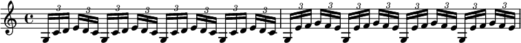 {
  \clef violin \key c \major \time 4/4 \tempo 4 = 40
  \set Score.tempoHideNote = ##t
  \autoBeamOff
  \tuplet 3/2 { g16[ c' d'] } \tuplet 3/2 { e'[ d' c'] } \tuplet 3/2 { g[ c' d'] } \tuplet 3/2 { e'[ d' c'] } \tuplet 3/2 { g[ c' d'] } \tuplet 3/2 { e'[ d' c'] } \tuplet 3/2 { g[ c' d'] } \tuplet 3/2 { e'[ d' c'] }
  \tuplet 3/2 { g16[ e' f'] } \tuplet 3/2 { g'[ f' e'] } \tuplet 3/2 { g[ e' f'] } \tuplet 3/2 { g'[ f' e'] } \tuplet 3/2 { g[ e' f'] } \tuplet 3/2 { g'[ f' e'] } \tuplet 3/2 { g[ e' f'] } \tuplet 3/2 { g'[ f' e'] }
}