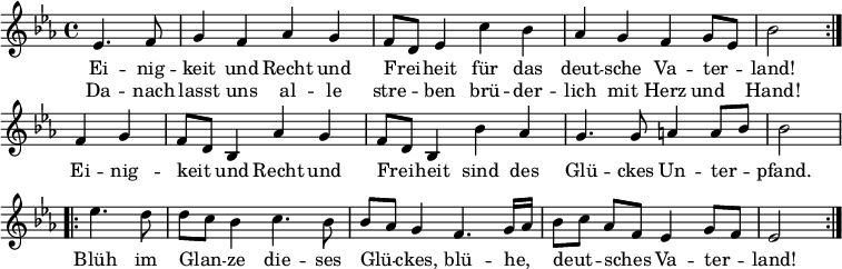  \relative c'
{ \key es \major \time 4/4 \autoBeamOff
\partial 2 \repeat volta 2 { es4. f8 g4 f | as g f8[ d] es4 | c' bes as g | f g8[ es] bes'2 }
f4 g f8[ d] bes4 | as' g f8[ d] bes4 | bes' as g4. g8 | a4 a8[ bes] bes2 |
\repeat volta 2 { es4. d8 d[ c] bes4 | c4. bes8 bes[ as] g4 |
f4. g16[ as] bes8[ c] as[ f] | es4 g8[ f] es2 } }
\addlyrics {
<<
{ Ei -- nig -- keit und Recht und Frei -- heit
für das deut -- sche Va -- ter -- land!
}
\new Lyrics
{ Da -- nach lasst uns al -- le stre -- ben
brü -- der -- lich mit Herz und Hand! }
>>
Ei -- nig -- keit und Recht und Frei -- heit
sind des Glü -- ckes Un -- ter -- pfand.
Blüh im Glan -- ze die -- ses Glü -- ckes,
blü -- he, deut -- sches Va -- ter -- land!
}