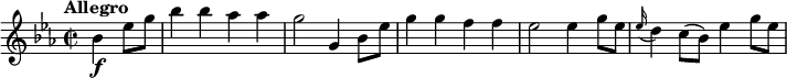 
\relative c'' {
    \version "2.18.2"
    \key ees  \major 
    \tempo "Allegro"
    \time 2/2
    \tempo 4 = 160
    \partial2 bes4\f ees8  g bes4 bes aes aes g2
     g,4 bes8 ees  g4 g f f
     ees2 ees4 g8 ees
      \grace ees16 (d4) c8 (bes) ees4 g8 ees 
}
