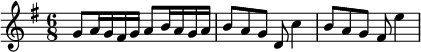  {
#(set-global-staff-size 18)
\set Score.currentBarNumber = #1
\bar ""
\key g \major \time 6/8 
\relative c'' { 
   \clef treble
   g8 a16 g fis g a8 b16 a g a
   b8 a g d c'4
   b8 a g fis e'4
} }
