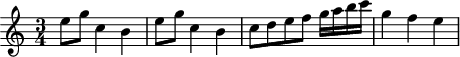 
\header {
  tagline = ##f
}

\score {
  \new Staff \with {

  }
<<
  \relative c'' {
    \key c \major
    \time 3/4
    \override TupletBracket #'bracket-visibility = ##f 
    %\autoBeamOff

     %%%%%%%%%%%%%%%%%%%%%%%%%% K15f
     e8 g c,4 b e8 g c,4 b c8 d e f g16 a b c g4 f e

  }
>>
  \layout {
    \context {
      \remove "Metronome_mark_engraver"
    }
  }
  \midi {}
}
