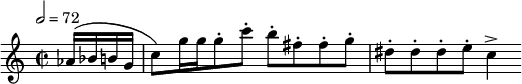 
  \relative c'' { \clef treble \time 2/2 \key c \major \tempo 2 = 72 \partial 4*1 aes16( bes b g | c8) g'16 g g8-. c-. b-. fis-. fis-. g-. | dis-. dis-. dis-. e-. c4-> }
