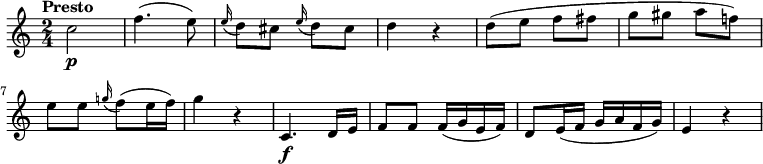 
\relative c'' {
   \version "2.18.2"
   \key c \major
   \time 2/4
   \tempo "Presto"
  c2\p f4. (e8)
  \grace e16 (d8) cis \grace e16 (d8) cis
  d4 r4
  d8 (e f fis g gis a f!)
  e e \grace g!16 (f8) (e16 f)
  g4 r4
  c,,4.\f d16 e
  f8 f f16 (g e f)
  d8 e16 (f g a f g)
  e4 r4
  }
