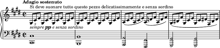 \new PianoStaff <<
#(set-global-staff-size 17)
  \new Staff \relative c' {
    \key cis \minor
    \time 2/2
    \tempo "Adagio sostenuto"
    \tupletDown
    \tuplet 3/2 { gis8^"Si deve suonare tutto questo pezzo delicatissimamente e senza sordino" cis e }
      \override TupletNumber.stencil = ##f
      \repeat unfold 7 { \tuplet 3/2 { gis,8[ cis e] } } |
    \tuplet 3/2 { a,8[( cis e] } \tuplet 3/2 { a, cis e) } \tuplet 3/2 { a,8[( d! fis] } \tuplet 3/2 { a, d fis) } |
    \tuplet 3/2 { gis,([ bis fis'] } \tuplet 3/2 { gis, cis e } \tuplet 3/2 { gis,[ cis dis!] } \tuplet 3/2 { fis, bis dis) } |
  }
  \new Dynamics {
    \override TextScript.whiteout = ##t
    s4-\markup { \italic sempre \dynamic pp \italic "e senza sordino" }
  }
  \new Staff \relative c {
    \clef "bass"
    \key cis \minor
    <cis cis,>1 |
    <b b,>1 |
    <a a,>2 <fis fis,> |
    <gis gis,> q |
  }
>>
