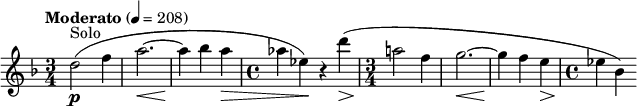 
\new Staff \with {midiInstrument = #"clarinet"}
\relative c''{
\transposition a
\tempo "Moderato" 4 = 208
\key d \minor
\time 3/4
d2(^\markup{Solo}\p f4 |
a2.~\< |
a4\! bes a\> |
\time 4/4
as es)\! r4 d'(\> |
\time 3/4
a!2\! f4 |
g2.~\< |
g4\! f e\> |
\time 4/4
es\! bes)
}
