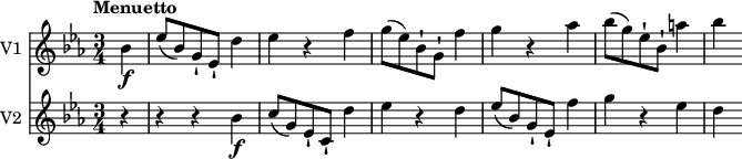 
<<
  \new Staff \with { instrumentName = #"V1 "} 
  \relative c'' {
    \version "2.18.2"
    \key ees  \major 
    \tempo "Menuetto"
    \time 3/4
    \tempo 4 = 110	
     \partial4 \partial4 bes4\f ees8 (bes ) g-! ees-! d'4
     ees4 r4 f
     g8 (ees) bes-! g-! f'4
     g r4 aes 
     bes8 (g) ees-! bes-! a'4 bes
}
\new Staff \with { instrumentName = #"V2 "} \relative c'' {
    \key ees  \major 
    \tempo "Menuetto"
    \time 3/4
     \partial4 \partial4 r4 r4 r4 bes4\f
     c8 (g) ees-! c-! d'4
     ees4 r4 d
     ees8 (bes) g-! ees-!
     f'4 g r4 ees d
}
>>
