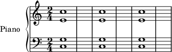 
\version "2.18.2"
\header {
  tagline = ##f
}

%%%%%%%%%% KEYS %%%%%%%%%%%%%

global = { \time 2/4 }
Key = { \key c \major }

%% main droite
rhUpper = \relative c'' {
  \voiceOne
  \Key
  c1 | c | c
}
rhLower = \relative c' {
  \voiceTwo
  \Key
  e1 | e | e
}

%% main gauche
lhUpper = \relative c' {
  \voiceOne
  \Key
  g1 | g | g
}
lhLower = \relative c {
  \voiceTwo
  \Key
  c1 | c | c
}

PianoRH = {
  \clef treble
  \global
  \set Staff.midiInstrument = #"acoustic grand"
  <<
    \new Voice = "one" \rhUpper
    \new Voice = "two" \rhLower
  >>
}
PianoLH = {
  \clef bass
  \global
  \set Staff.midiInstrument = #"acoustic grand"
  <<
    \new Voice = "one" \lhUpper
    \new Voice = "two" \lhLower
  >>
}

piano = {
  <<
    \set PianoStaff.instrumentName = #"Piano"
    \new Staff = "upper" \PianoRH
    \new Staff = "lower" \PianoLH
  >>
}

\score {
  \new PianoStaff <<
    \new PianoStaff = "piano" \piano
  >>
  \layout {
    \context {
      \Score
      \remove "Metronome_mark_engraver"
    }
  }
  \midi { }
}
