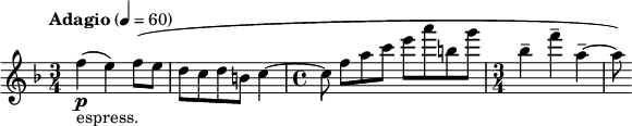 
  \relative c'' { \clef treble \time 3/4 \key f \major \tempo "Adagio" 4 = 60 f\p(_"espress." e) f8( e | d c d b c4~ | \time 4/4 c8] f([ a c] e a b, g' | \time 3/4 bes,4-- f'-- a,--~ | a8) }
