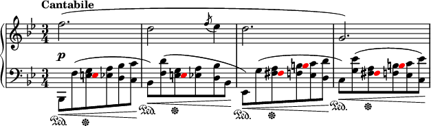 
    {
      \new PianoStaff <<
        \new Staff <<
            \new Voice \relative c'' {
                \tempo "Cantabile"
                \clef treble \key bes \major \time 3/4
                \override DynamicLineSpanner.staff-padding = #2.5
                f2.\p( d2 \acciaccatura { f8 } es4 d2. g,2.)
                }
            >>
        \new Staff <<
            \new Voice \relative c {
                \clef bass \key bes \major \time 3/4
                \override NoteHead.color = #red \hide Stem s4 e8 s4.
                s4 e8 s4.
                s4 fis8 b s4
                s4 fis8 b s4
                }
            \new Voice \relative c, {
                \clef bass \key bes \major \time 3/4
                bes8\<\sustainOn_[ f''^( <e g>\sustainOff <es a> <d bes'> <c c'>]\!
                bes8\<\sustainOn_[) <f' d'>^( <e g>\sustainOff <es a> <d bes'> bes]\!
                es,8\<\sustainOn_[) g'^( <fis a>\sustainOff <f b> <es c'> <d d'>]\!
                c8\<\sustainOn_[) <g' es'>^( <fis a>\sustainOff <f b> <es c'> <c es'>])\!
                }
            >>
    >> }
