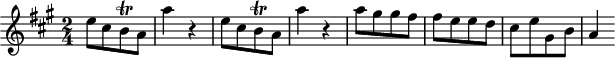 
\header {
  tagline = ##f
}

\score {
  \new Staff \with {

  }
<<
  \relative c'' {
    \key a \major
    \time 2/4
    \override TupletBracket #'bracket-visibility = ##f 
    %\autoBeamOff

     %%%%%%%%%%%%%%%%%%%%%%%%%% K15l
     e8[ cis b\trill a] a'4 r4 e8[ cis b\trill a] a'4 r4 a8[ gis gis fis] fis[ e e d] cis[ e gis, b] a4

  }
>>
  \layout {
    \context {
      \remove "Metronome_mark_engraver"
    }
  }
  \midi {}
}
