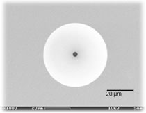 Scanning electron microscope image of a planar patch clamp chip. Both the pipette and the chip are made from borosilicate glass.