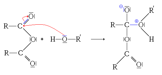 1re étape de l'estérification d'un anhydride d'acide : addition nucléophile de l'alcool sur l'anhydride