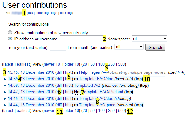 Example of a user contributions page