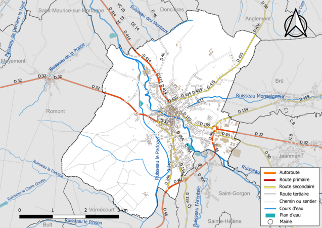 Carte en couleur présentant le réseau hydrographique de la commune