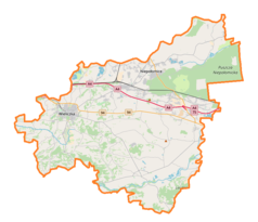 Mapa konturowa powiatu wielickiego, po lewej znajduje się punkt z opisem „Wieliczka”