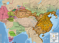 Xinjiang as a protectorate of the Han dynasty in light orange color.