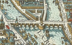 Plan de Mérian montrant une vue aérienne du pont neuf en 1615.