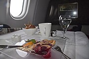 カタール航空、ファーストクラス、朝食、パンケーキ、（2010年4月）