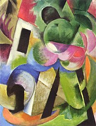 Franz Marc: «Liten komposisjon (II), hus med trær», 1914