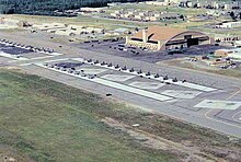 The flight line and Thunderdome hangar building at Eielson Air Force Base