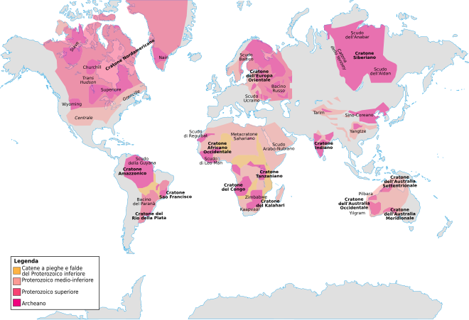 Carte géologique simplifiée (en italien)[N 1] représentant l'Égypte constituée par une juxtaposition de terrains localisés sur le métacraton du Sahara et le bouclier arabo-nubien.