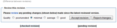 Box stating "Please review any pending changes (shown below) made since the latest reviewed revision. Radio buttons for quality, allowing choices for poor/unrated, minimal, average, and good. Button titled "Accept revision" and button titled "Reject changes".