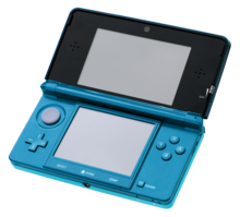 An opened Aqua Blue-themed Nintendo 3DS, displaying its dual screens and buttons.