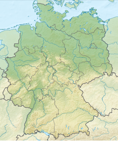 Mapa konturowa Niemiec, blisko prawej krawiędzi znajduje się punkt z opisem „źródło”, natomiast po prawej nieco u góry znajduje się punkt z opisem „ujście”