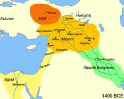 قلمرو پادشاهی میتانی در ۱۴۰۰ پیش از میلاد.