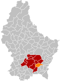 Map of Luxembourg with Contern highlighted in orange, and the canton in dark red