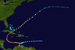 The track of the 1932 Cuba hurricane, with the track beginning at bottom-center, tracing towards the left and then curving to the upper-right corner of the image.