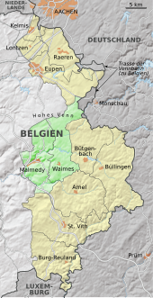 carte géographique de la frontière entre la Belgique et l'Allemagne représentant les terrritoires gagnés par la Belgique au détriment de l'Allemagne en 1919