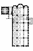 Kathedraal van Modena, basilicale kerk met drie apsiden, zonder transept, zonder westwerk met vrijstaande campanile.