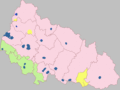 Românii sunt arătați în galben (formând majorități în zonele de colea), așa cum a stabilit recensământul ucrainean din 2001.