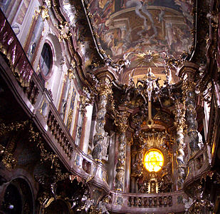 Interior of the Asamkirche in Munich, by Egid Quirin Asam, with sculpture blended into the architecture