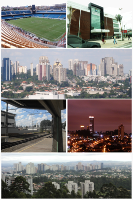 Arena Barueri; Prefeitura Municipal de Barueri; panorâmica de Alphaville; Estação Barueri da CPTM; vista noturna de Barueri; e panorâmica de Alphaville.