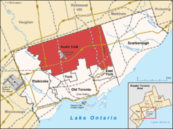 Location of North York (red) within the rest of Toronto.