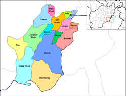 Mata Khan district (in purple) within the province of Paktika.