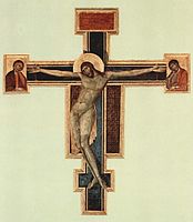 Crucifix 1287 af Cimabue (ca. 1240–1302). Limfarve på træ, 448 cm×390 cm. Basilica di Santa Croce, Firenze. Det blev svært beskadiget under oversvømmelsen i 1966