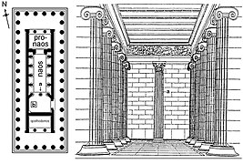 Plan et représentation du naos du temple d'Apollon à Bassae.