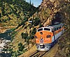 A publicity photograph of the California Zephyr on the Feather River Route in 1949