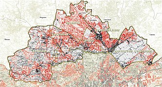 Die nördliche Peripherie Neapels; rot: ab 1960 erbaut; schwarz: bis 1960 erbaut[15]