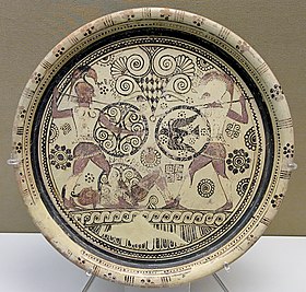 Combat de Ménélas et Hector sur le corps d'Euphorbe, assiette rhodienne du style des Chèvres Sauvages moyen, v. 600 av. J.-C., British Museum