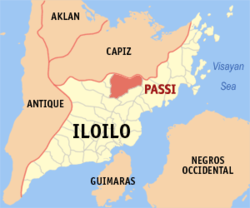 Mapa ng Iloilo na nagpapakita sa lokasyon ng Lungsod ng Passi.