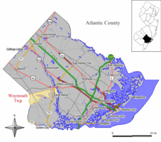 Map of Weymouth Township in Atlantic County. Inset: Location of Atlantic County highlighted in the State of New Jersey.