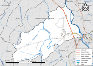 Carte en couleur présentant le réseau hydrographique de la commune